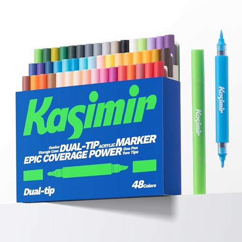 Kasimir Dual-Tip Acrylic Markers Pens - Brush Tip Direct Ink Gel Marker for Art Wood Fabric Glass Rock Multi-Surface, Quick-Dry, Water-Based & Washable 48 Colors - color: 48 Colors