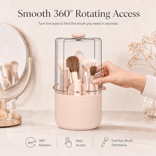 EACHY Makeup Brush Holder with Lid, 360° Rotating Vanity Organizer for Brushes, Dustproof Cosmetic Display Case, 7 Compartments, Waterproof Plastic (Pink) - color: Pink