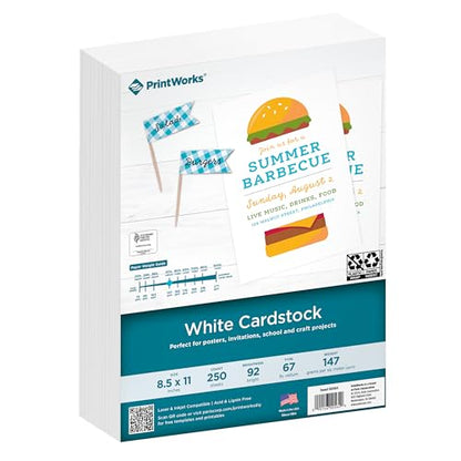 PrintWorks White Cardstock 8.5" x 11" - 67 lb/147 gsm Vellum Bristol - 250 Sheets - Made in the USA - SFI® Certified - 92 Bright - Card Stock Printer Paper for School, Craft, & Office Use (00564) - size: 250 Sheets