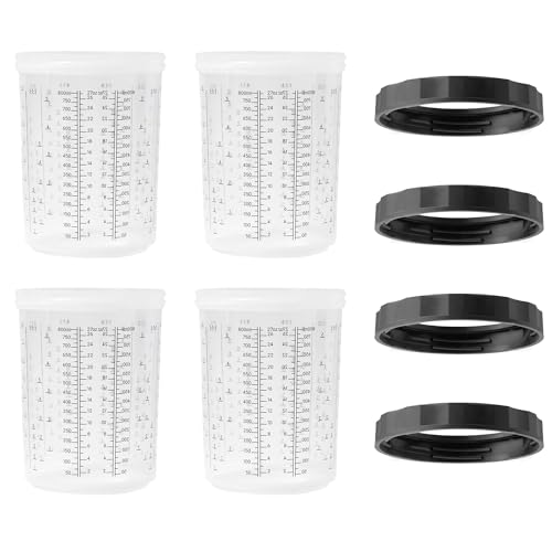 LAUCO 4 Pack Paint Spray Gun Hard Cup Set, 800ML (27 Oz) Reusable Mixing Cups with Retainer Rings, Compatible with Disposable Paint Cup Liner and Lid Systems for Automotive Paint, Primer, Clear Coat - size: 800ML