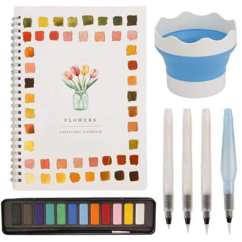 Adult Beginner Art Kit with Coloring Workbook, 12 Color Pigment Paint, Paintbrushes & Brush Washer for Teens Painting
