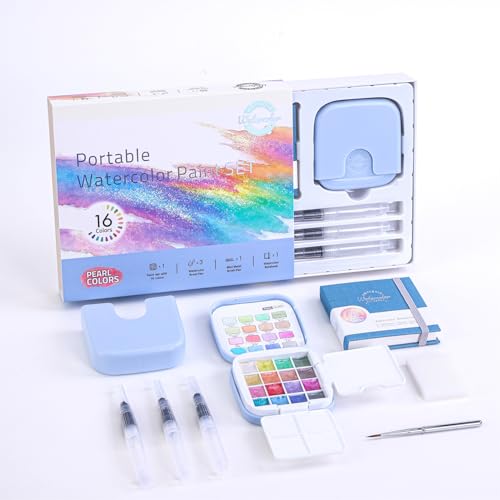 Watercolor Paint, Mini Travel 16-Color Solid Watercolor Kit with Tear-Off Pad, 3 Water Brush Pens & Mini Metal Brush, Portable Art Set, Pearl Colors with Soft Shimmer for Adult Beginners, Journaling, and Sketching - color: Pink