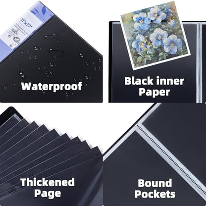 JJRING 11x17 Art Portfolio Folder with Plastic Sleeves, 24-Pocket Portfolio Binder Displaying 48 Pages, Presentation Book with Black Inner Paper for Artwork Storage, Black - size: 11*17