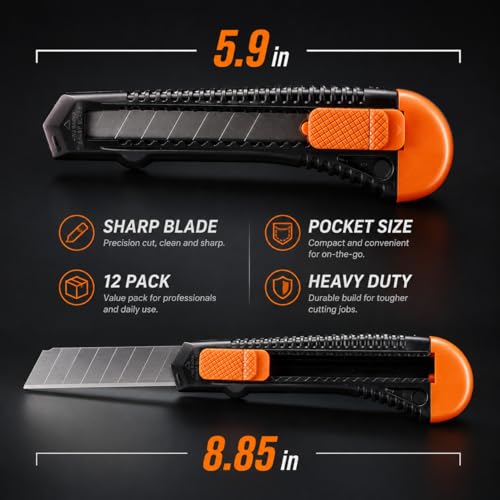 REXBETI 12-Pack Utility Knife, Retractable Box Cutter for Cartons, Cardboard and Boxes, 18mm Wider Razor Sharp Blade, Smooth Mechanism, Perfect for Office and Home use - style: 12 Pack