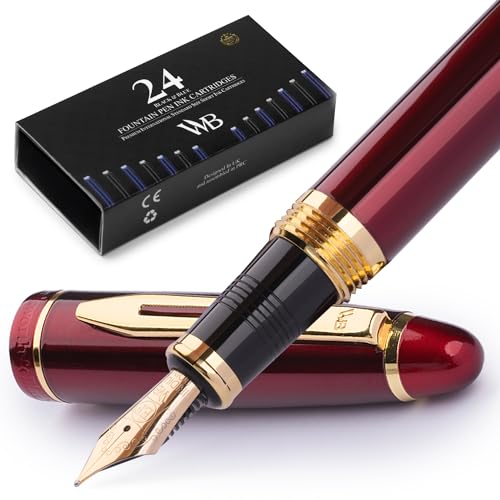 Wordsworth & Black Majesti Fountain Pen Set for Writing, Extra Fine Nib | Red, Gift for Men Women, Gold Finish, 18K German Iridium, Calligraphy, Converter + 24 Ink Cartridges, Refillable - color: Red Gold, style: Extra Fine Nib