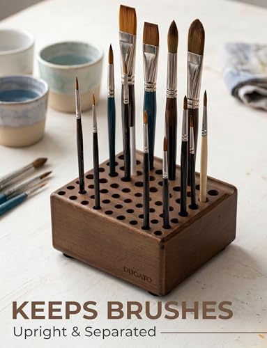 DUGATO Wooden Brush Holder, 59 Hole Desk Organizer with Rest Groove | Tabletop Stand for Paint Brushes, Pencils, Pens & Art Supplies, Built-In Drying Rest, Studio Desktop Rack