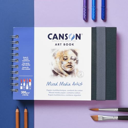 Canson Mixed Media Art Book, 8.3x5.8 inches, 56 Sheets, Blue Cloth Hardcover, Side Wire - Professional Artist Notebook for Painting, Sketching, Drawing - size: 8.3x5.8 inches