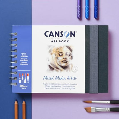 Canson Mixed Media Art Book, 8.3x5.8 inches, 56 Sheets, Blue Cloth Hardcover, Side Wire - Professional Artist Notebook for Painting, Sketching, Drawing - size: 8.3x5.8 inches