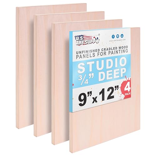 U.S. Art Supply 09" x 12" Unfinished Cradled Wood Panels for Painting, Studio 3/4" Deep (4 Pack) - Artist Depth Birch Wooden Wall Canvases - Mixed-Media Craft, Acrylic, Oil, Encaustic, Paint Pouring - size: 9" x 12"