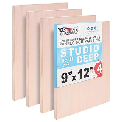 U.S. Art Supply 09" x 12" Unfinished Cradled Wood Panels for Painting, Studio 3/4" Deep (4 Pack) - Artist Depth Birch Wooden Wall Canvases - Mixed-Media Craft, Acrylic, Oil, Encaustic, Paint Pouring - size: 9" x 12"
