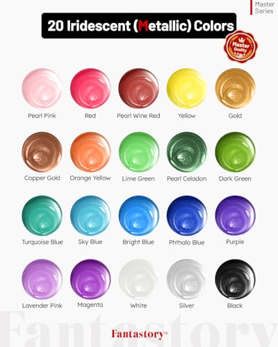 Fantastory Metallic Iridescent Acrylic Paint Set with 12 Brushes, 20 x 2oz Metallic Colors, Color-Shifting, Craft Paint Kit, Metal/Canvas/Rock/Stone/Ceramic/Model/Wood Painting [Professional Series] - style: 20 Metallic Iridescent Colors