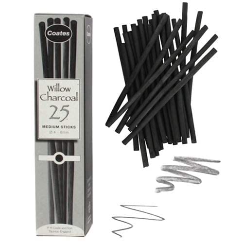 PH Coate Artist Willow Charcoal Medium, 25 Sticks, Black - style: Medium