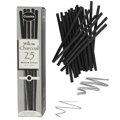 PH Coate Artist Willow Charcoal Medium, 25 Sticks, Black - style: Medium