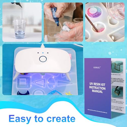KISREL UV Resin Jewelry Making Kit, 400g Crystal Clear Resins with Light and Molds, DIY Jewelry Making Resin Kits, Resina Starter Kit for Keychain, Hair Clip and Earring - size: UV400g resin kit with light