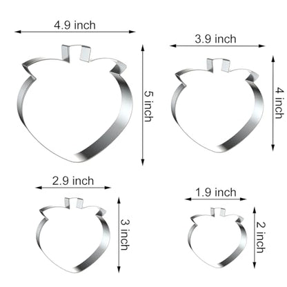 Peach Cookie Cutter Set - 5 inch, 4 inch, 3 inch, 2 inch - 4 Piece Fruit Cookie Cutters Shapes Biscuit Fondant Clay Molds - Stainless Steel