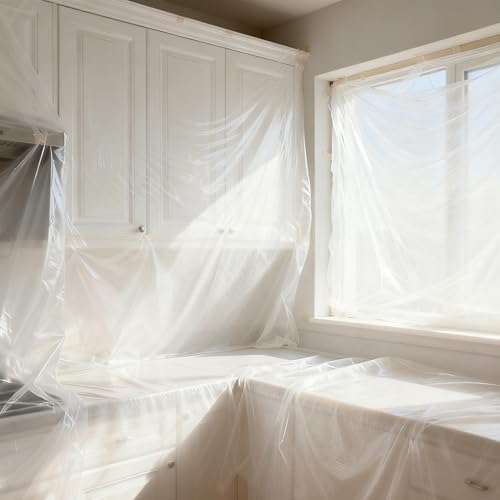 4 Rolls 8.9 x 65.6 Feet Pre-Taped Masking Film, Tape and Drape Drop Cloth, Plastic Sheeting Drop Cloth for Painting, Automotive Covering and Appliance Protection (8.9 x 65.6 Feet)