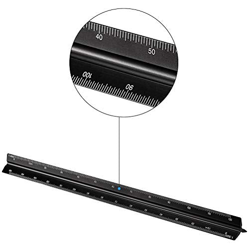 6 Pcs Triangular Ruler Set 12 Inch Engineering Scale Aluminum Architect Drafting Ruler Metal Protractor Arquitectura Accessories for Draftsman Engineers Metric(Black) - color: Black