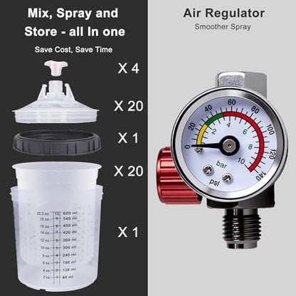 HVLP Spray Gun Kit with 4 Nozzles (1.4/1.7/2.0/2.5mm), Automotive Paint Spray Gun with 20 Disposable Paint Cups, 600ml Mixing Cup, Pressure Gauge, Professional Paint Gun for Car (Blue) - color: Blue