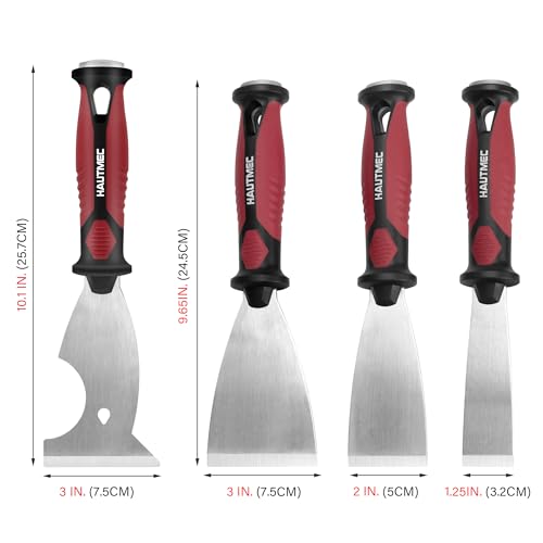HAUTMEC Putty Knife 4 PC Set, 1.25",2",3" Paint Scraper & 3" 8-in-1 Paint Stripper, Heavy Duty Stainless Steel Blade and Hammer End for Removing Wallpaper, Plaster, Cement 25060