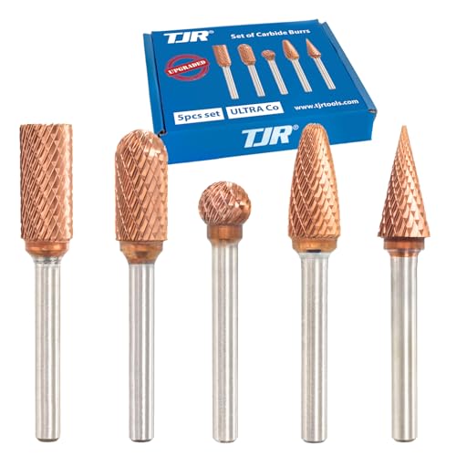 TJR® 3/8" head Carbide Burrs Set with 1/4" Shank 5pcs and ULTRACo Coating - Double Cut. For Steel, Stainless Steel, Hardened steel, and Aluminum, Wood for Grinding and Deburring applications