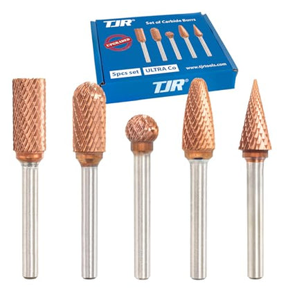 TJR® 3/8" head Carbide Burrs Set with 1/4" Shank 5pcs and ULTRACo Coating - Double Cut. For Steel, Stainless Steel, Hardened steel, and Aluminum, Wood for Grinding and Deburring applications
