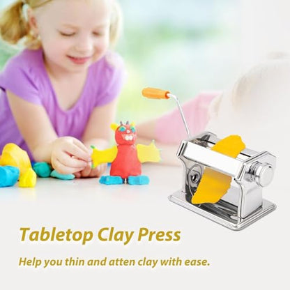 Stainless Steel Polymer Clay Roller Machine Set Includes Clay Presser Machine with 7 Adjustable Thickness Settings,8 Round Clay Cutter,9 Clay Shaping Tool and 7.87" Clay Cutter for DIY Craft Projects