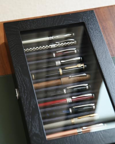 Wood Pen Display Case with 12 Pens, Fountain Pen Display Box, Lockable Pen Storage Box with Glass Top, Pen Box Organizer, Pen Collection Display Case (Black with Gray Velvet) - color: Black 12 Slots, Gray Velvet