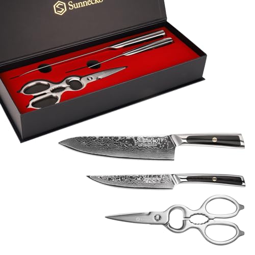 Sunnecko Kitchen Knife Set of 3, Chef Knife Set Damascus Steel Knives Set for Kitchen Sharp VG10 Corn, Full Tang with Gift Box - size: Set of 3-8 Inch