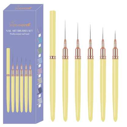 5PCS Liner Brushes for Nails, Nail Art Liner Brushes Set, 6/9/12/15/18mm Thin Detail Brush for Long Lines & Fine Drawing, UV Gel Polish Painting Nail Design Tools- Yellow - color: Yellow