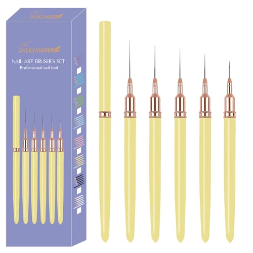 5PCS Liner Brushes for Nails, Nail Art Liner Brushes Set, 6/9/12/15/18mm Thin Detail Brush for Long Lines & Fine Drawing, UV Gel Polish Painting Nail Design Tools- Yellow - color: Yellow