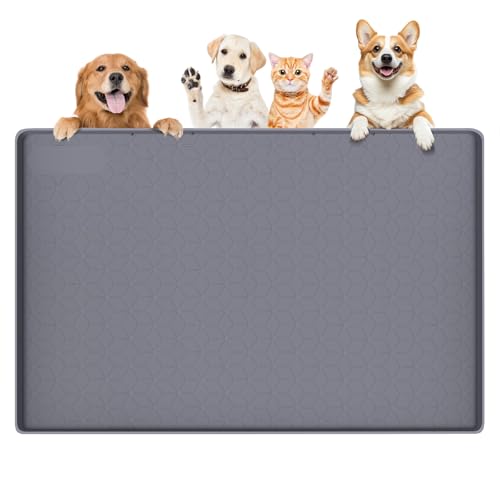 Dog Food Mat 34''x22'' Large Dog Mat for Food and Water,Dark Grey | Silicone Dog Bowl Mat with Raised Edge, Waterproof Non-Slip Pet Feeding Mat for Floors, fit for Dog Cat Bowls - color: Dark Grey-Rhombus, size: 34"L x 22"W