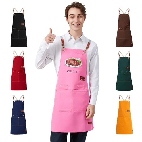 Personalized Waterproof Canvas Apron Custom Logo - Heavy Duty Cross Back 4 Pockets for Men Women Chef Barista - color: Pink