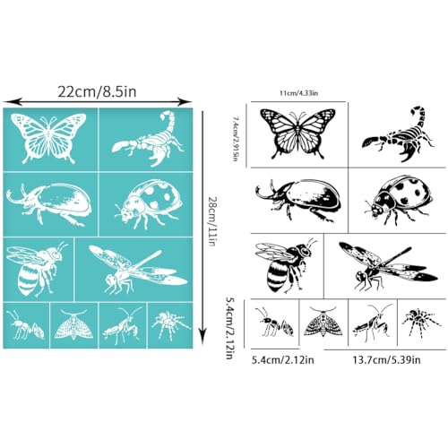 2 Sheets Insects Silkscreen Stencil, Butterfly Ladybird Honeybee Praying Mantis Painting Stencils Templates Reusable Self-Adhesive Silk Screen Printing for Wall Border Wood Fabric Home Decor - style: Insects
