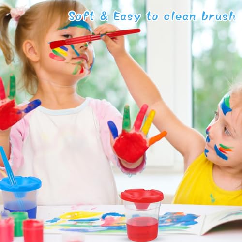 DIYASY No Spill Paint Cups with Lids, 10 Pcs Spill Proof Painting Containers and 10 Round Paint Brushes Kids Art Craft Class Home Supplies 10 Colors