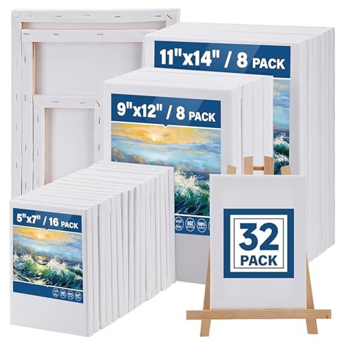 Halobios 32 Packs Professional Stretched Canvas for Painting, Blank Canvas Art with 5 * 7in, 9 * 12in, 11 * 14in, Value Pack for Acrylic, Oil, Acrylic Pouring - size: 32 Pack Mixed - 11×14IN 9×12IN 5×7IN