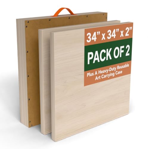 (Pack of 2) 34x34 Inch Unfinished Best Wood Panel for Painting, Square Cradled Canvas Board with Art Carrying Case, 2 Inch Deep Stretcher Bar for Acrylic Oil Mix Media Painting Pouring