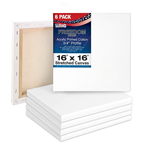U.S. Art Supply 16 x 16 inch Stretched Canvas for Painting, 12oz Triple Primed, 6-Pack - Professional Artist Quality White Blank 3/4" Profile, 100% Cotton, Heavy-Weight Gesso - Acrylic Pouring, Oil - size: 16" x 16"