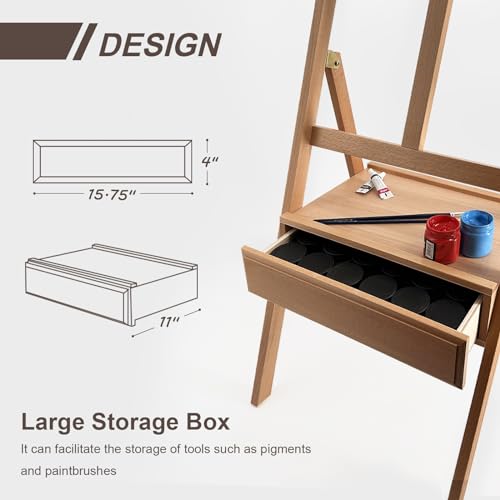 Large Solid Beech Wood Painting Easel with Storage Drawer(60"~75" H), H-Frame Adjustable Wooden Easel Stand with Signature Box for Adults, Students,Sturdy Canvas Holder up to 36'' - style: Easel