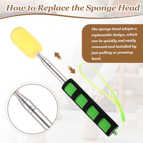 PATIKIL 41" Telescoping Sponge Stick for Pottery, Retractable Ceramic Sponge Tool with 2pcs Head for Removing Excess Water from Tall and Narrow Pottery, Yellow/Green(1.18/1.57"W) - color: Yellow/Green