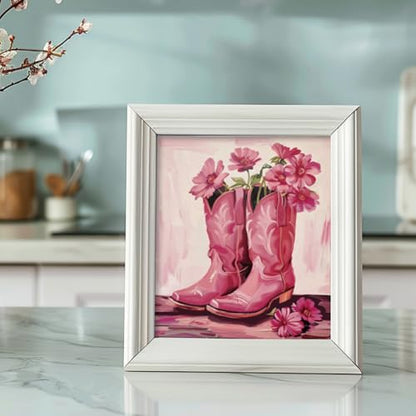 WEBEEDY Pre Drawn Canvas for Painting Retro Canvas Painting Set with Pink Cowgirl Boots Pattern,Outline Painting Boards for Beginners Funky Room Wall Art Decor, 8 x 10 Inch/20 x 25cm