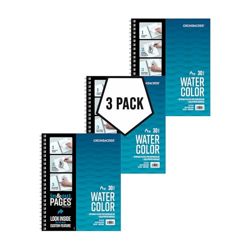 Grumbacher 9" x 12" Cold Press Watercolor Paper Pad with in & Out Pages, 140 lb. / 300 GSM, Top Wire Bound, 30 Sheets/Pad, 3-Pack - size: 9" x 12", style: Top Wire Bound