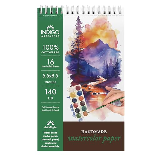 Indigo Artpapers Watercolor Paper Pad, 16 Sheets, 5.5x8.5 (140lb/300g) | Handmade 100% Cotton Rag, Cold Pressed Paint Paper, Acid-Free Water Color Paper Pad, Wirebound Watercolor Sketchbook Journal - size: 5.5 x 8.5, 16 Sheets