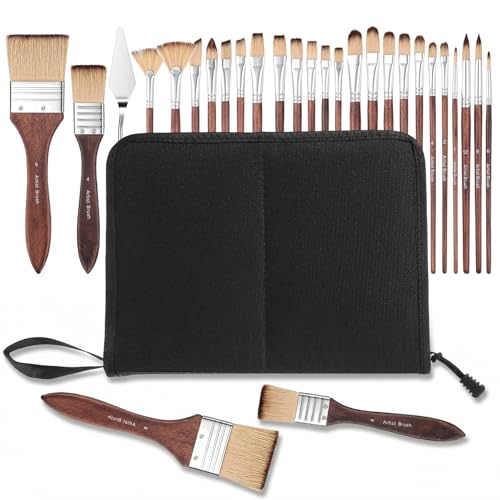 26 Pcs Professional Paint Brush Set, Acrylic Watercolor Oil Paint Brushes with Carrying Case, Palette Knife, Flat Filbert Fan Dagger Cat Tongue Round Brushes for Artists, Gouache, Face Painting