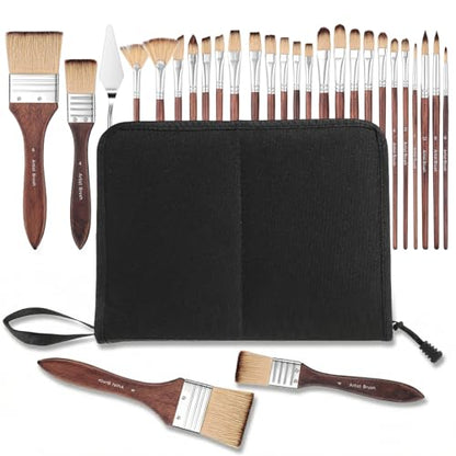 26 Pcs Professional Paint Brush Set, Acrylic Watercolor Oil Paint Brushes with Carrying Case, Palette Knife, Flat Filbert Fan Dagger Cat Tongue Round Brushes for Artists, Gouache, Face Painting