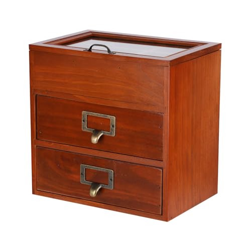 Wooden Storage Box Desk Organizer with 2 Drawers and 6 Grids Apothecary Drawers Small Craft Storage Containers Jewelry Holder for Women (Glass Brown02) - color: BROWN-GLASS02
