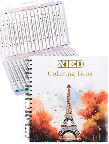 36 Colors Alcohol Markers & Coloring Book, Stress Free Adult Coloring Book with Markers for Adults to Relax and Relieve Anxiety, Included 30 Themes Designs - style: Building