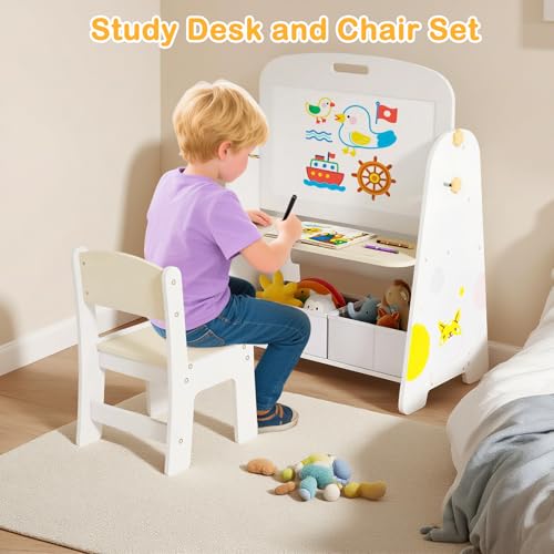 INFANS Easel for Kids with Stool, 4-in-1 Double-Sided Adjustable Magnetic Chalkboard with Paper Roll, Bookshelves, Wheels, Wooden Standing Painting Drawing Art Board for Boys Girls - style: Puppy