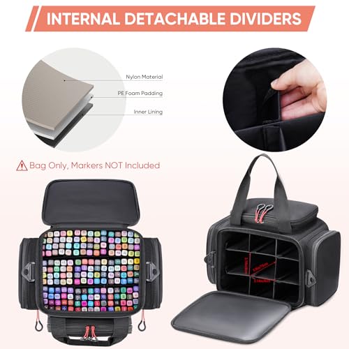 Large Marker Organizer Case for 200-300 Markers, Art Marker Storage Bag with Removable Dividers & 4 Pockets for Paint Markers, Shoulder Strap, Pencil Alcohol Marker Holder