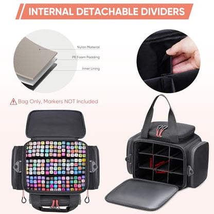 Large Marker Organizer Case for 200-300 Markers, Art Marker Storage Bag with Removable Dividers & 4 Pockets for Paint Markers, Shoulder Strap, Pencil Alcohol Marker Holder