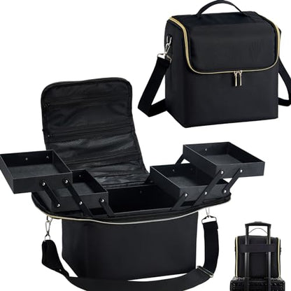 Yueieoun Large Travel Makeup Train Case, Big Makeup Bag Organizer Makeup Box,4 Tier Professional Cosmetic Storage Cases for Nail Tech Tattoo Storage Bag for Equipment and Supplies with luggage Sleeve - size: Large